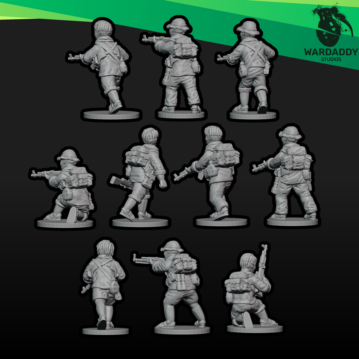 Vietnam War Viet Cong Rifle Squad 1 - AK Armed Infantry - 3D Printed Miniatures - Wardaddy Studios