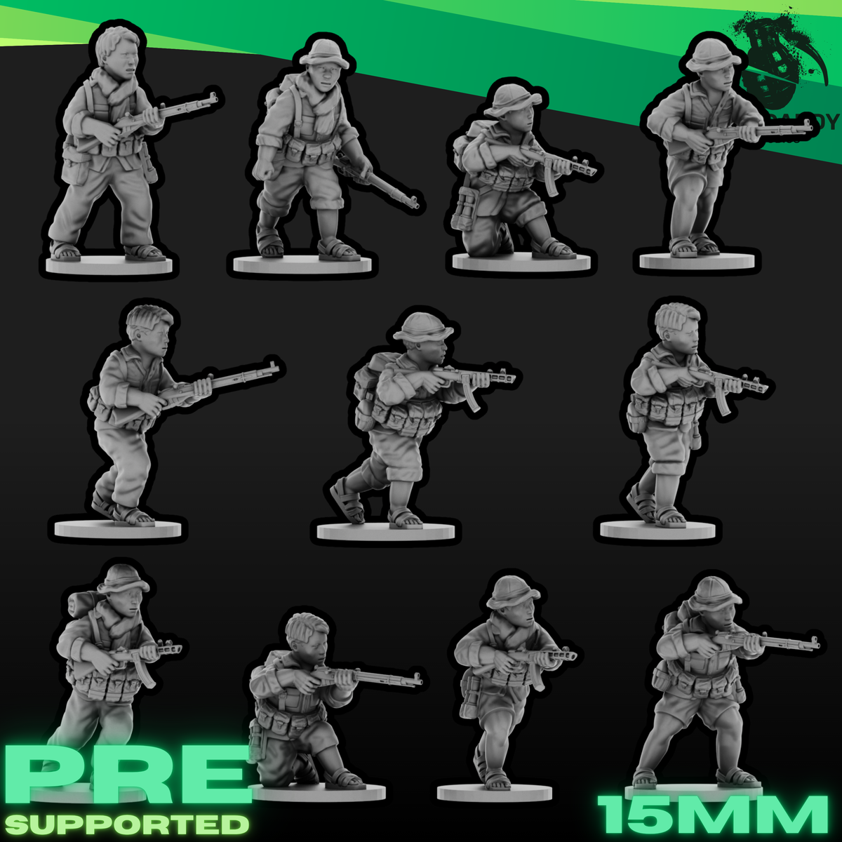 Vietnam War Viet Cong Antique Weapon Squad - Bolt Action & PPSh Infantry - 3D Printed Miniatures - Wardaddy Studios
