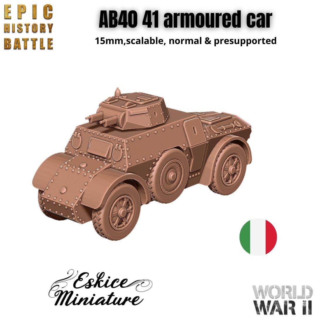 AB40 Armored Car - Italian WWII Recon Vehicle - 3D Printed Resin Miniatures in 6mm, 10mm, 15mm, and 20mm Scale - Eskice Miniatures - Sigmarite Boutique