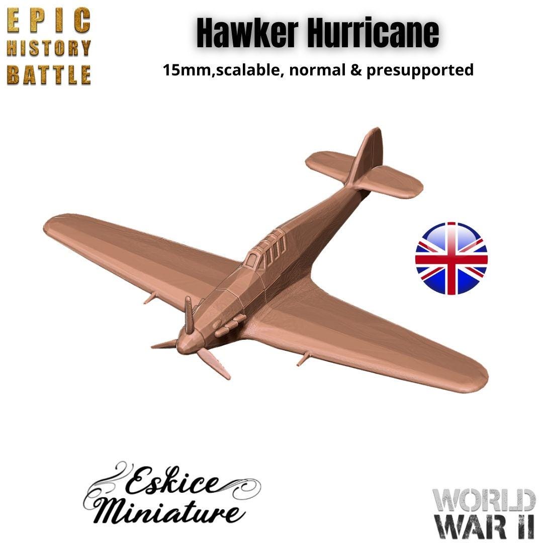 British Hawker Hurricane Fighter Aircraft - WWII Plane - 3D Printed Resin Miniatures in 6mm, 10mm, 15mm, and 20mm Scale - Eskice Miniatures - Sigmarite Boutique