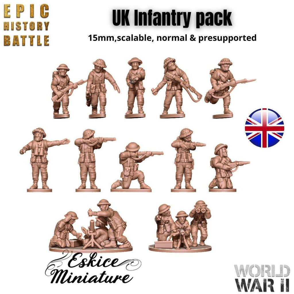 British WWII Infantry Platoon - 3D Printed Resin Miniatures in 6mm, 10mm, 15mm, and 20mm Scale - Eskice Miniatures - Sigmarite Boutique