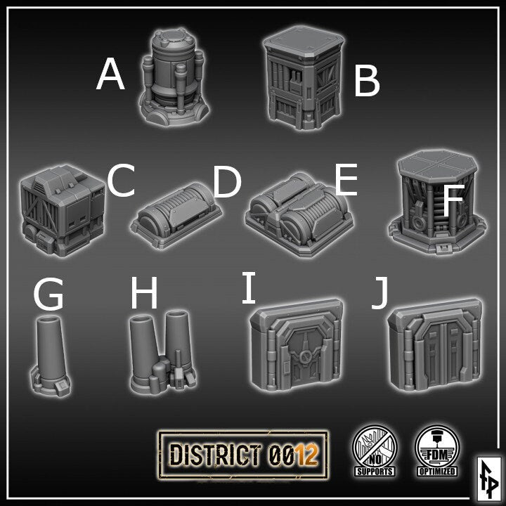 District 0012 - Doors and Rooftop Props - SciFi Terrain - 3D Printed PLA Plastic - Sigmarite Boutique