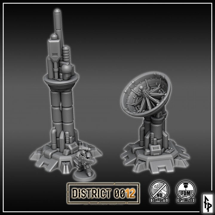 District 0012 - Radio Towers - SciFi Terrain - 3D Printed PLA Plastic - Sigmarite Boutique