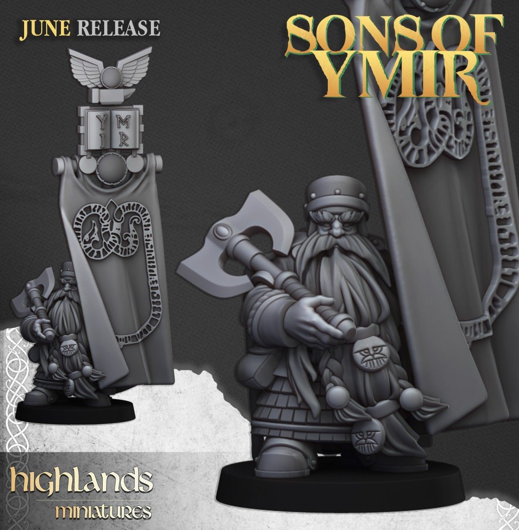 Dwarf Lord with Banner - Sons of Ymir - Highlands Miniatures - Sigmarite Boutique