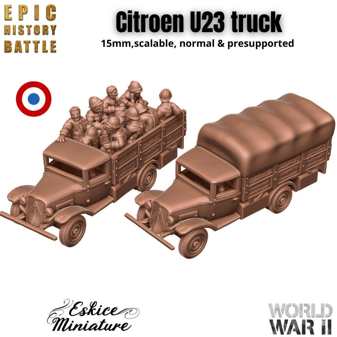 French Citroën U23 Military Truck - Covered or Troop Transport - 3D Printed Resin in 6mm, 10mm, 15mm, and 20mm Scale - Eskice - Sigmarite Boutique