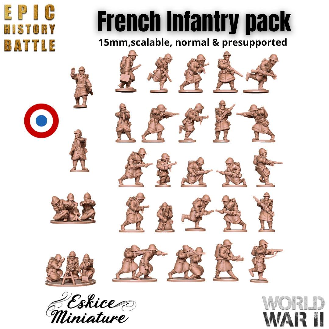 French WWII Infantry Platoon - 3D Printed Resin Miniatures in 6mm, 10mm, 15mm, and 20mm Scale - Eskice Miniatures - Sigmarite Boutique