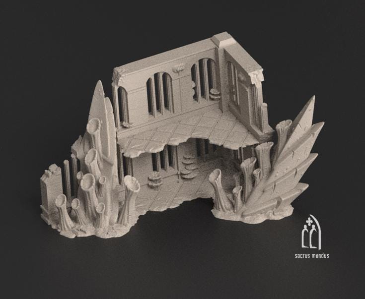 Infested Ruins Terrain - Alien Growth Sci Fi Scatter Terrain for 28mm Wargaming & RPGs - 2 Story Ruin (Style A) - Sacrus Mundus