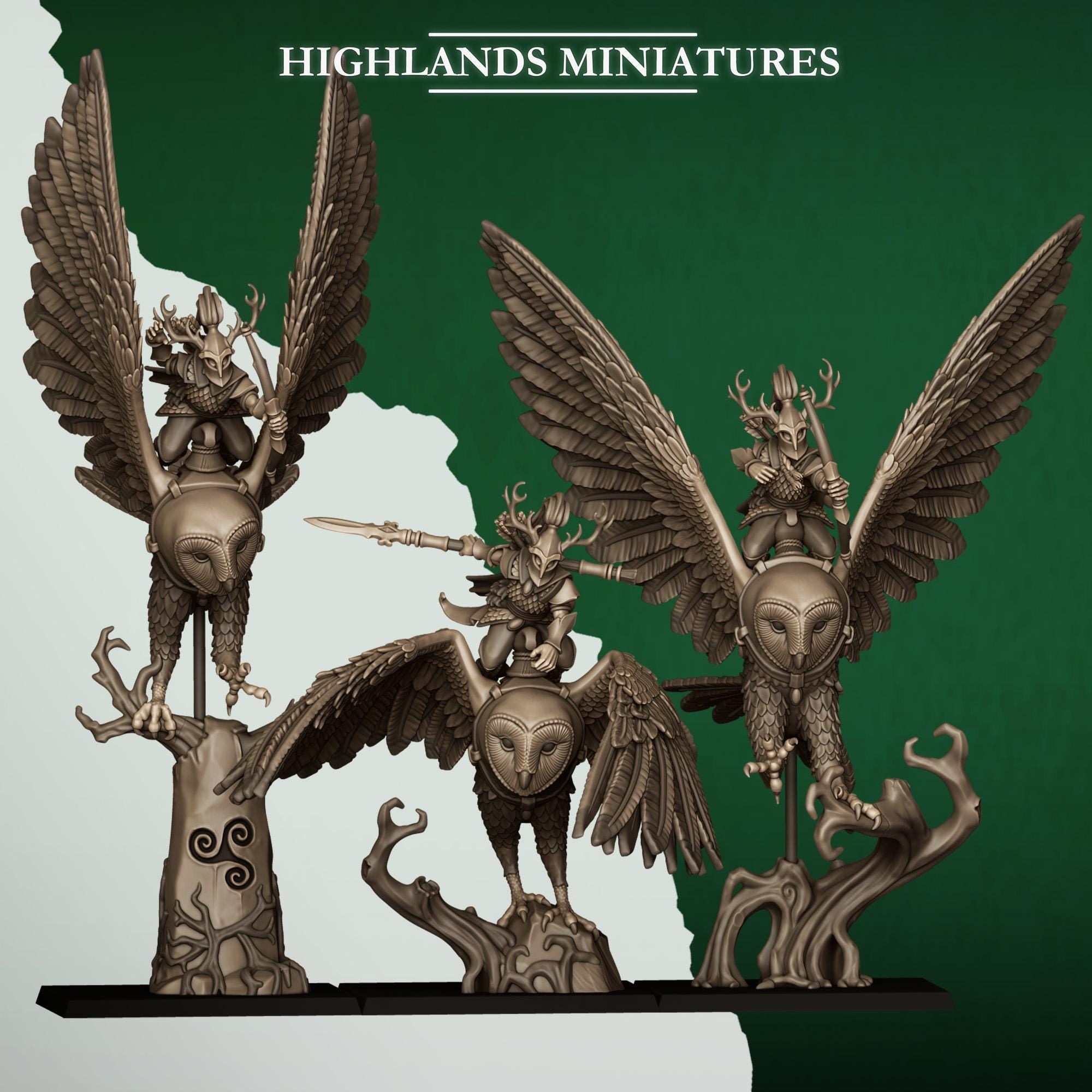 Great Owls & Owl Riders  Fantasy Flying Cavalry Resin Miniatures - Highlands Miniatures