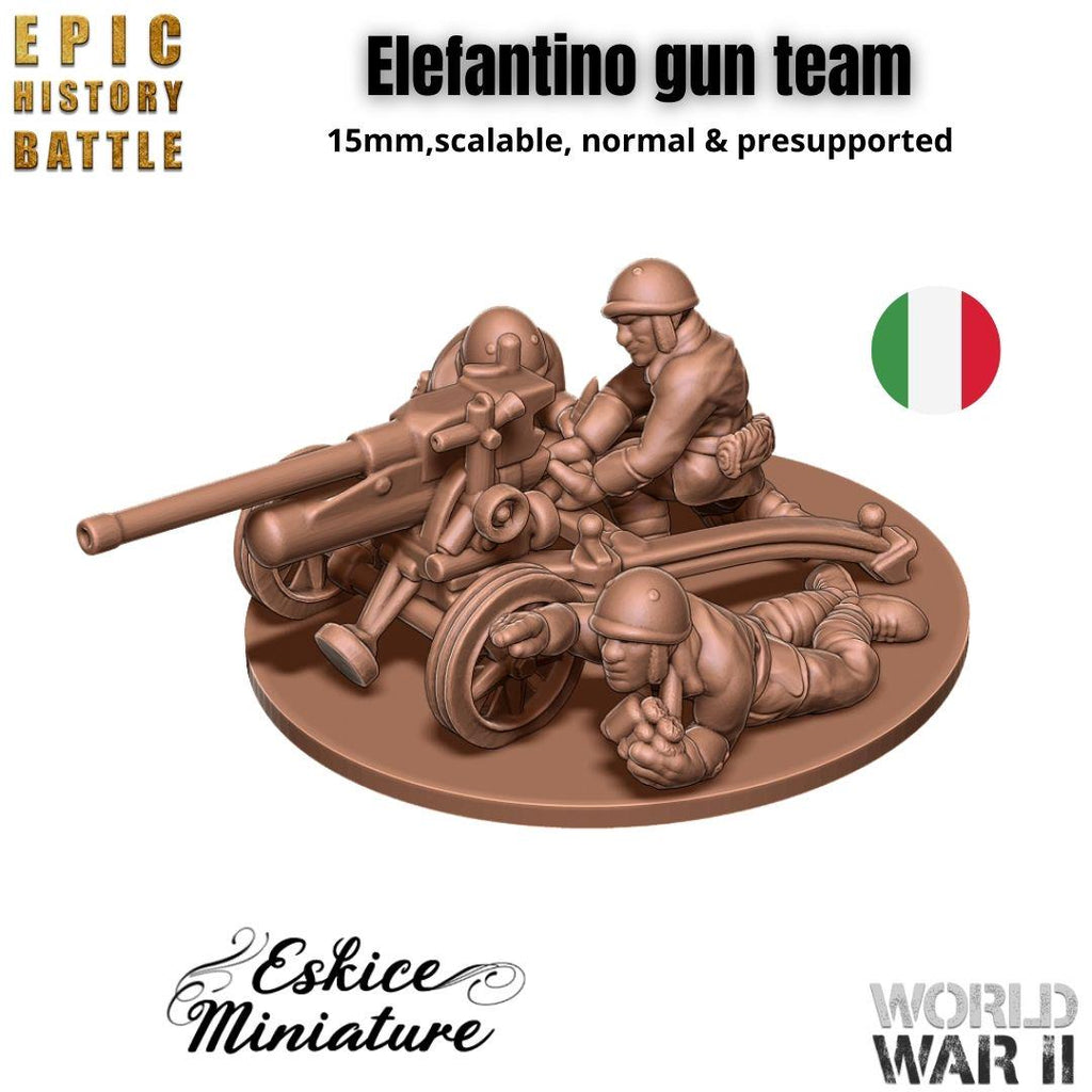 Italian Elefantino 47/32 Gun Team - WWII Anti-Tank Gun with Crew - 3D Printed Resin Miniatures in 6mm, 10mm, 15mm, and 20mm Scale - Eskice - Sigmarite Boutique