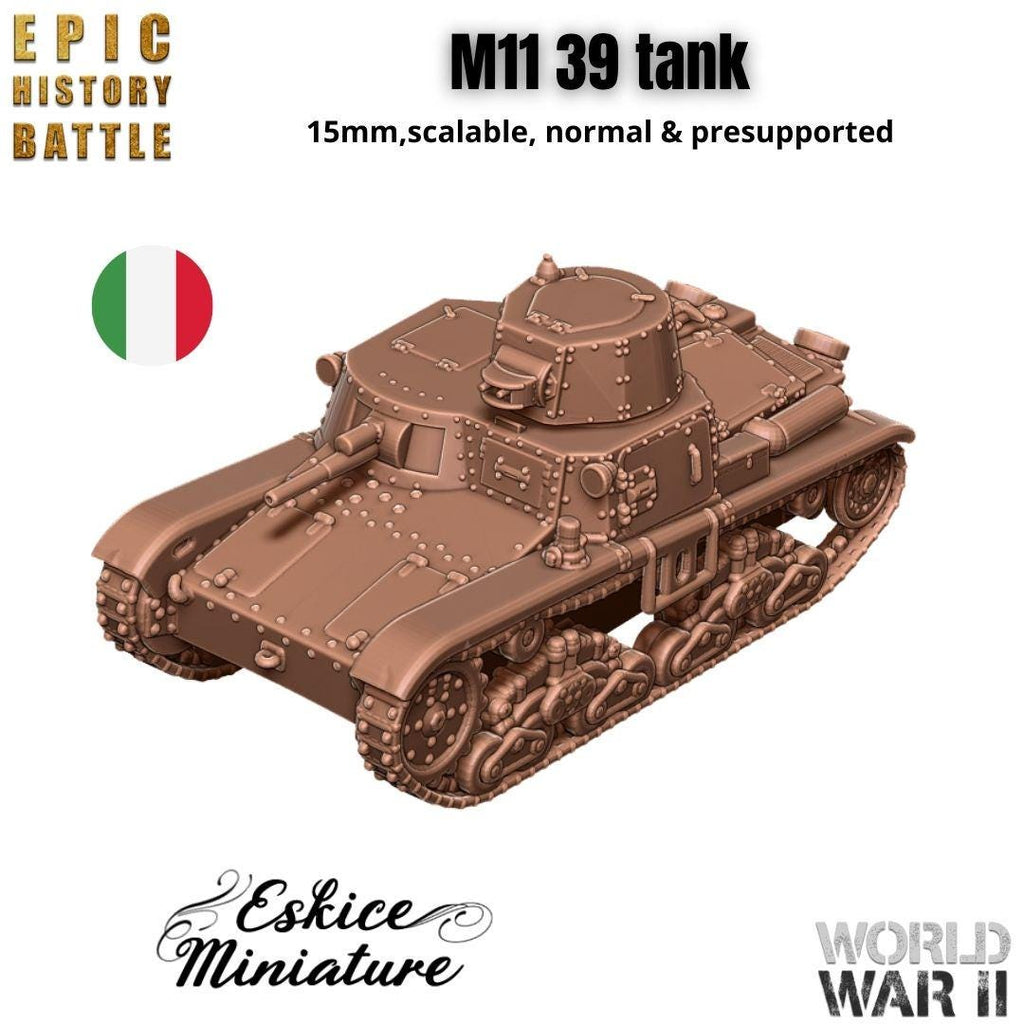 Italian M11/39 Medium Tank - WWII Italian Tank - 3D Printed Resin Miniatures in 6mm, 10mm, 15mm, and 20mm Scale - Eskice Miniatures - Sigmarite Boutique