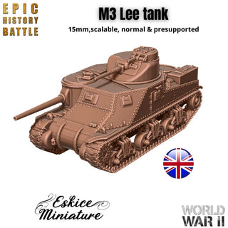 M3 Lee Medium Tank - WWII Allied Tank - 3D Printed Resin Miniatures in 6mm, 10mm, 15mm, and 20mm Scale - Eskice Miniatures - Sigmarite Boutique