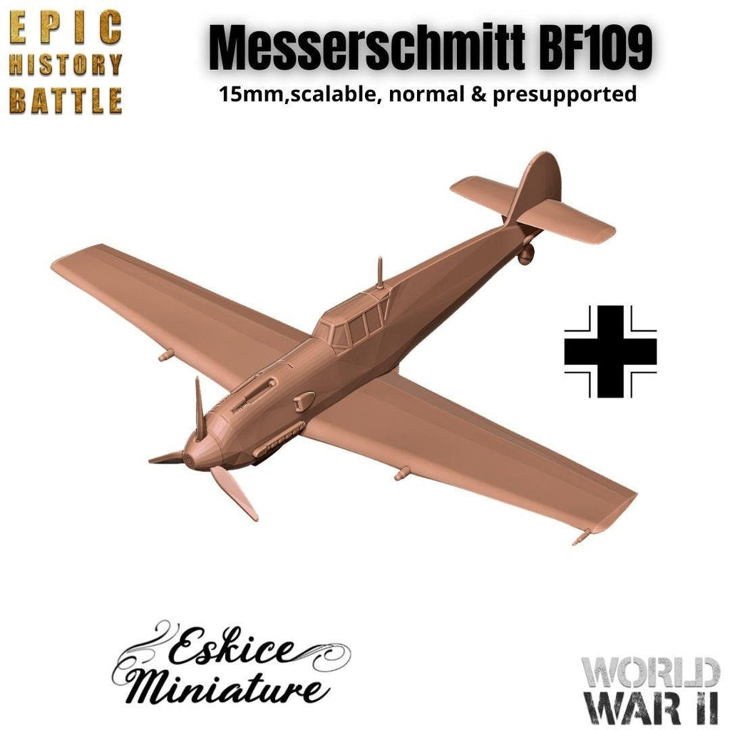 Messerschmitt Bf 109 Fighter - German WWII Aircraft - 3D Printed Resin Miniatures in 6mm, 10mm, 15mm, and 20mm Scale - Eskice Miniatures - Sigmarite Boutique