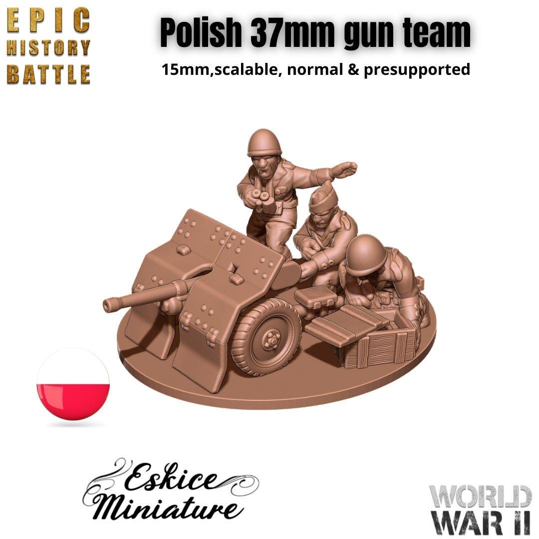 Polish 37mm Anti-Tank Gun Team - 3D Printed Resin Miniatures in 6mm, 10mm, 15mm, and 20mm Scale - Eskice Miniatures - Sigmarite Boutique