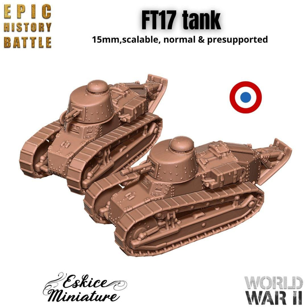 Renault FT-17 - French WW2 Light Tank - 3D Printed Resin Miniatures in 6mm, 10mm, 15mm, and 20mm Scale - Eskice Miniatures - Sigmarite Boutique