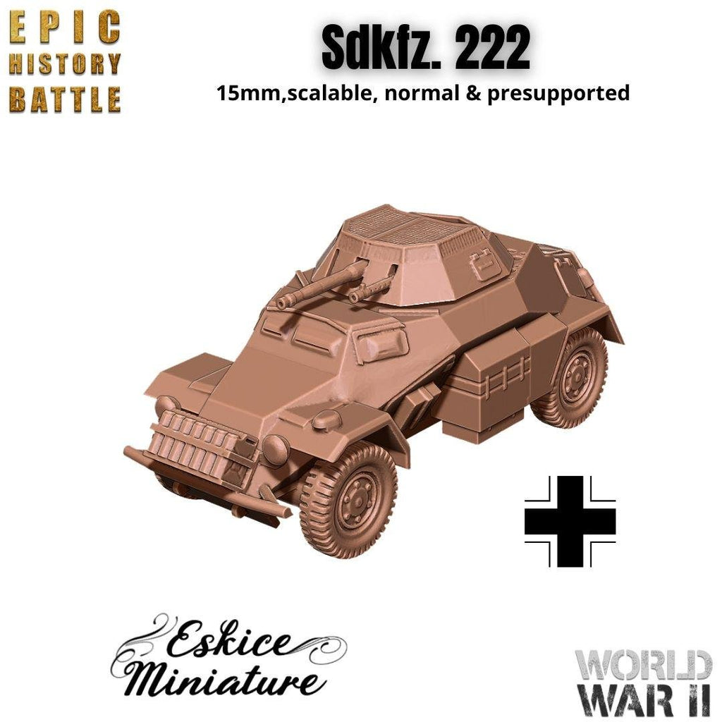 Sd.Kfz. 222 Armored Car - German WWII Recon Vehicle - 3D Printed Resin Miniatures in 6mm, 10mm, 15mm, and 20mm Scale - Eskice Miniatures - Sigmarite Boutique