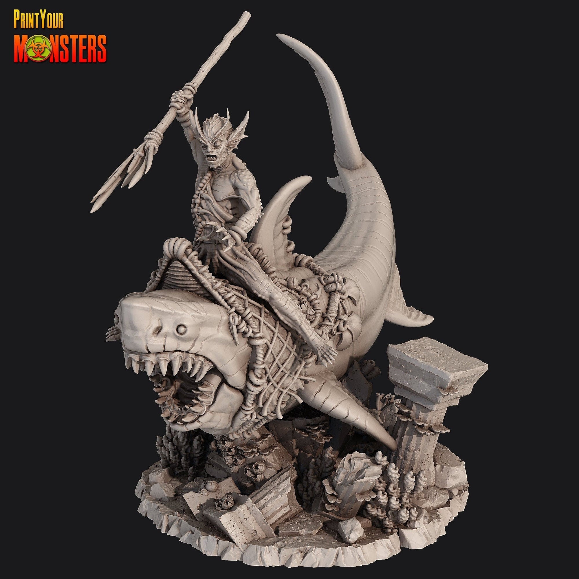Sea Elf Defender on Great White - Dark Water Sanctum - Print Your Monsters - Sigmarite Boutique