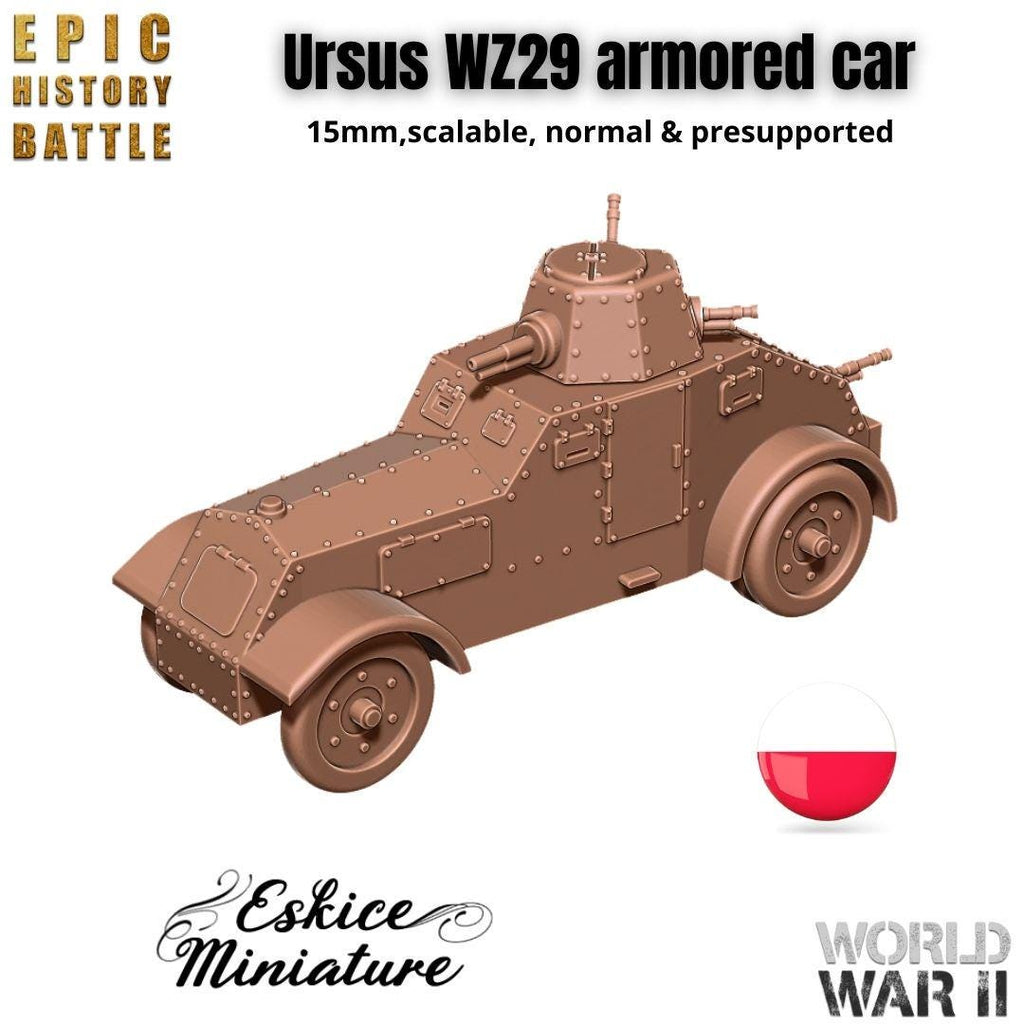 Ursus WZ.29 Armored Car - WWII Polish Recon Vehicle - 3D Printed Resin Miniatures in 6mm, 10mm, 15mm, and 20mm Scale - Eskice Miniatures - Sigmarite Boutique