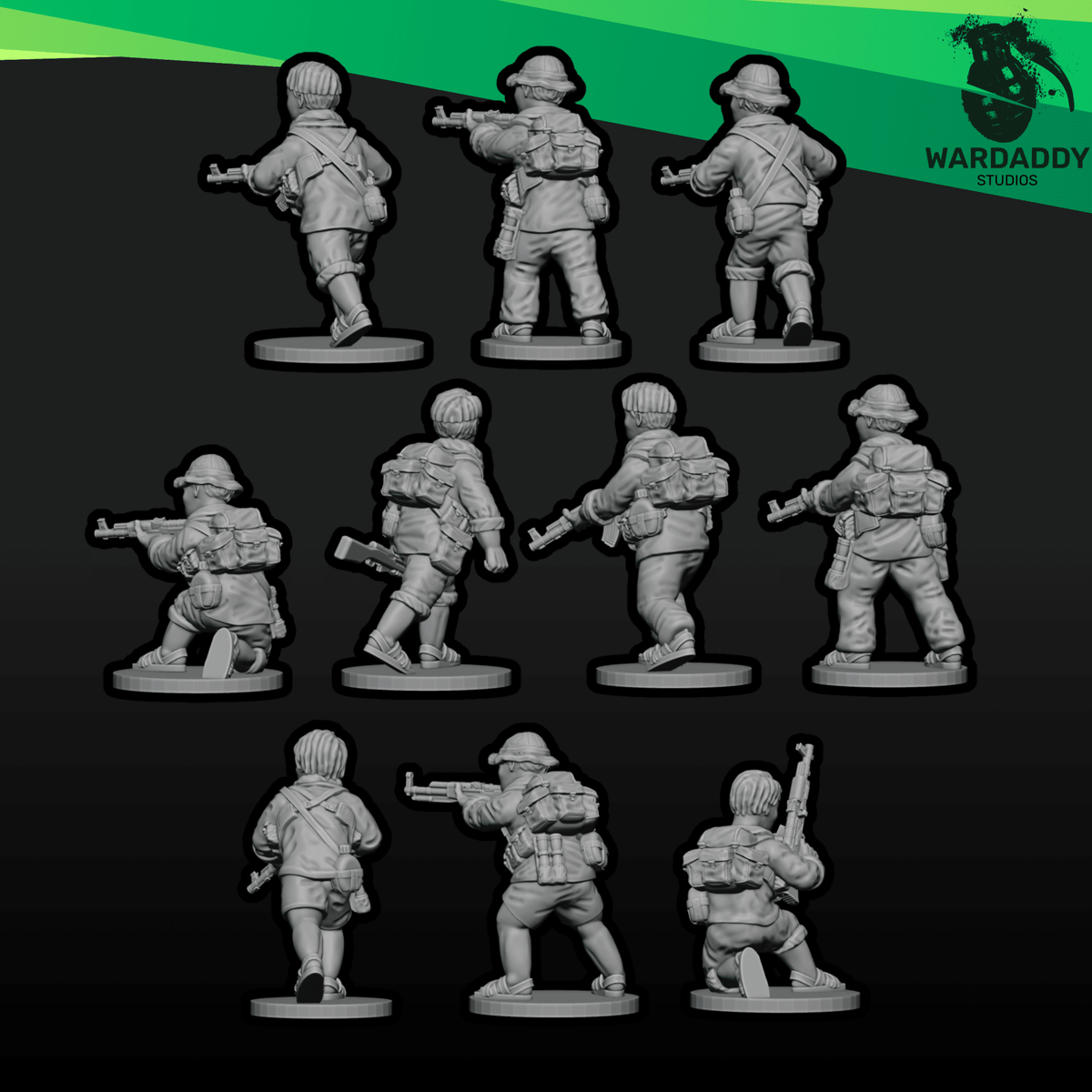 Vietnam War Viet Cong Rifle Squad 1 - AK Armed Infantry - 3D Printed Miniatures - Wardaddy Studios - Sigmarite Boutique