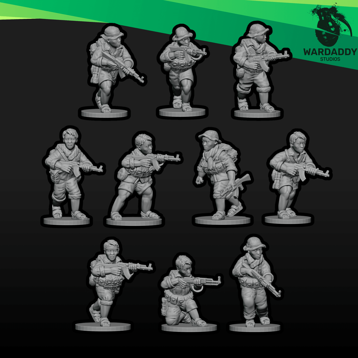 Vietnam War Viet Cong Rifle Squad 2 - AK Armed Infantry - 3D Printed Miniatures - Wardaddy Studios - Sigmarite Boutique